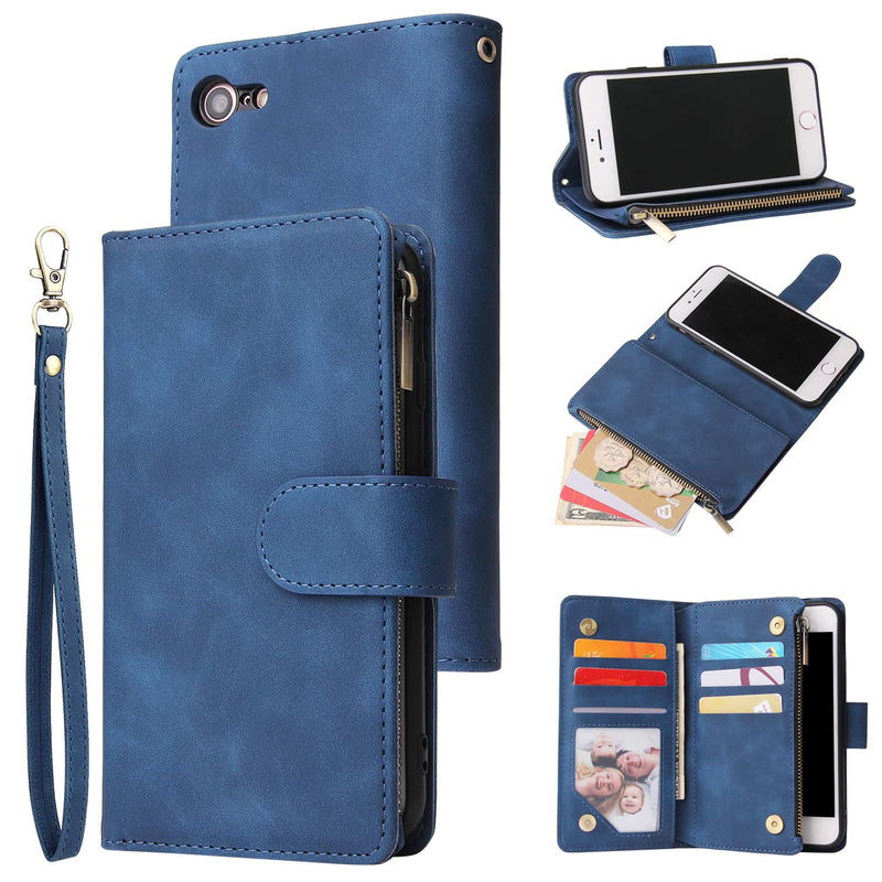 [AUSTRALIA] - UEEBAI Wallet Case for iPhone SE 2022 5G/iPhone 7/iPhone 8/iPhone SE 2020, Premium PU Leather Magnetic Handbag Zipper Pocket Card Slots with Wrist Strap Flip Case for iPhone SE3/SE2 - Blue 