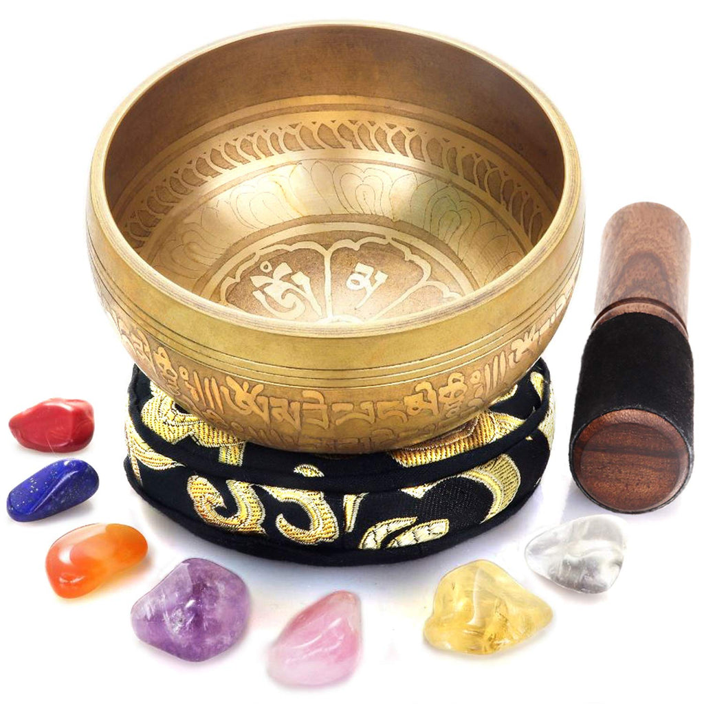 Tibetan Singing Bowl Set - 7 Chakra Crystal stones - For Meditation, Mindfulness, Yoga, Spiritual and Body Healing and Energy Cleansing