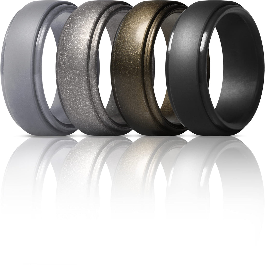 Thunderfit Men's Silicone Ring, Step Edge Rubber Wedding Band, 10mm Wide, 2.5mm Thick Black, Men Bronze, Gun Metal, Grey 6.5 - 7 (17.3mm)