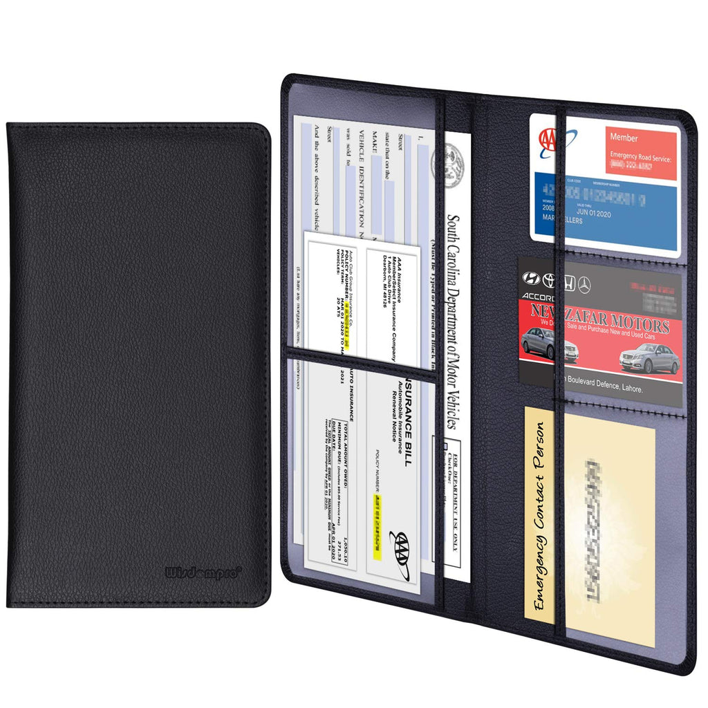 Wisdompro Car Registration and Insurance Documents Holder - Premium PU Leather Vehicle Glove Box Paperwork Wallet Case Organizer for ID, Driver's License, Key Contact Information Cards (Black) Black