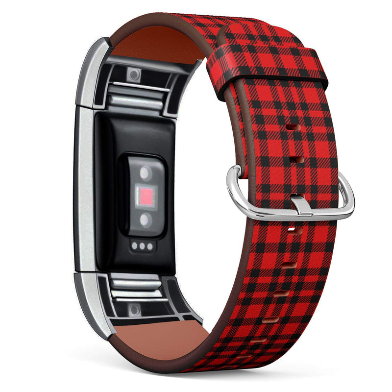 Q-Beans Leather Band Compatible with Fitbit Charge 2, Replacement Strap Bracelet Wristband and Adapters // Red Plaid