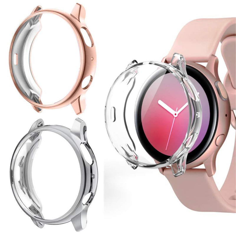 3 Pack Case for Samsung Galaxy Watch Active 2 40mm 44mm , Full Around Protection Cover, Flexible TPU Anti-Scratch Bumper, Screen Protector (Rosegold/Silver/Crystal Clear) 40mm Rose Gold+Silver+Clear for active 2 40 mm