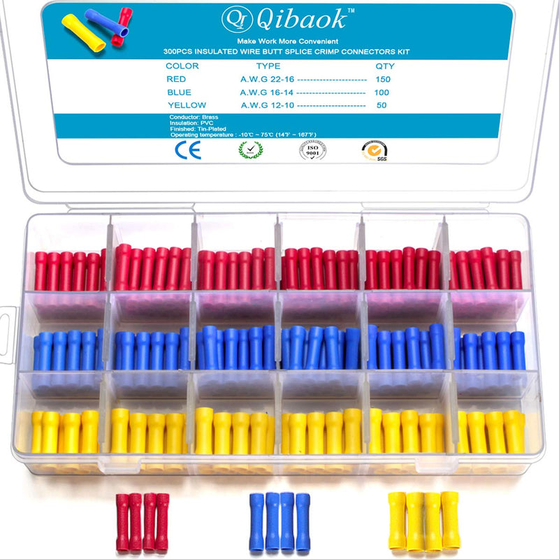 Qibaok 300 PCS Butt Splice Crimp Connectors Insulated Electrical Straight Wire Terminal Connectors 10-22AWG 1