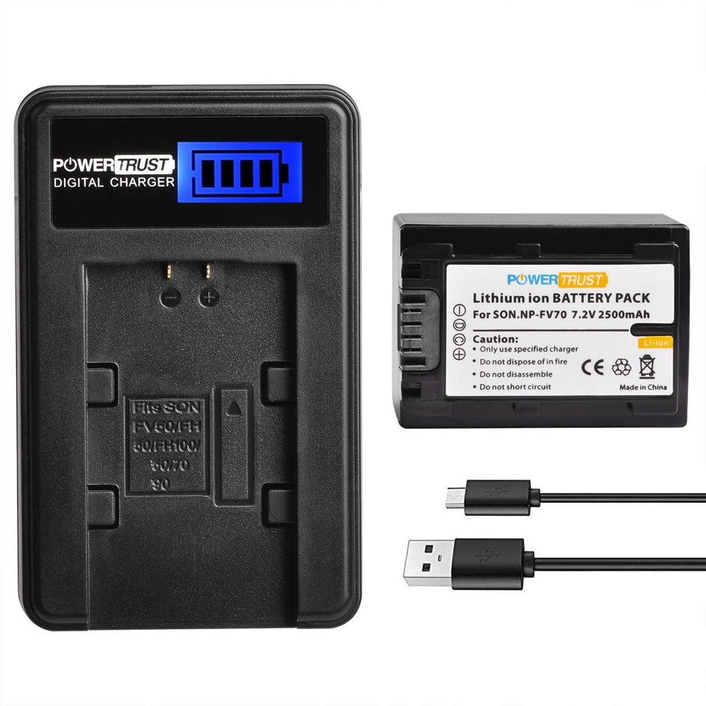 PowerTrust NP-FV70 Battery and LCD USB Charger for Sony HDR-CX190 HDR-CX200 HDR-CX210 HDR-CX220 HDR-CX230 HDR-CX260V HDR-CX290 HDR-CX380 HDR-CX430V HDR-CX580V HDR-CX760V HDR-PJ230 HDR-PJ380