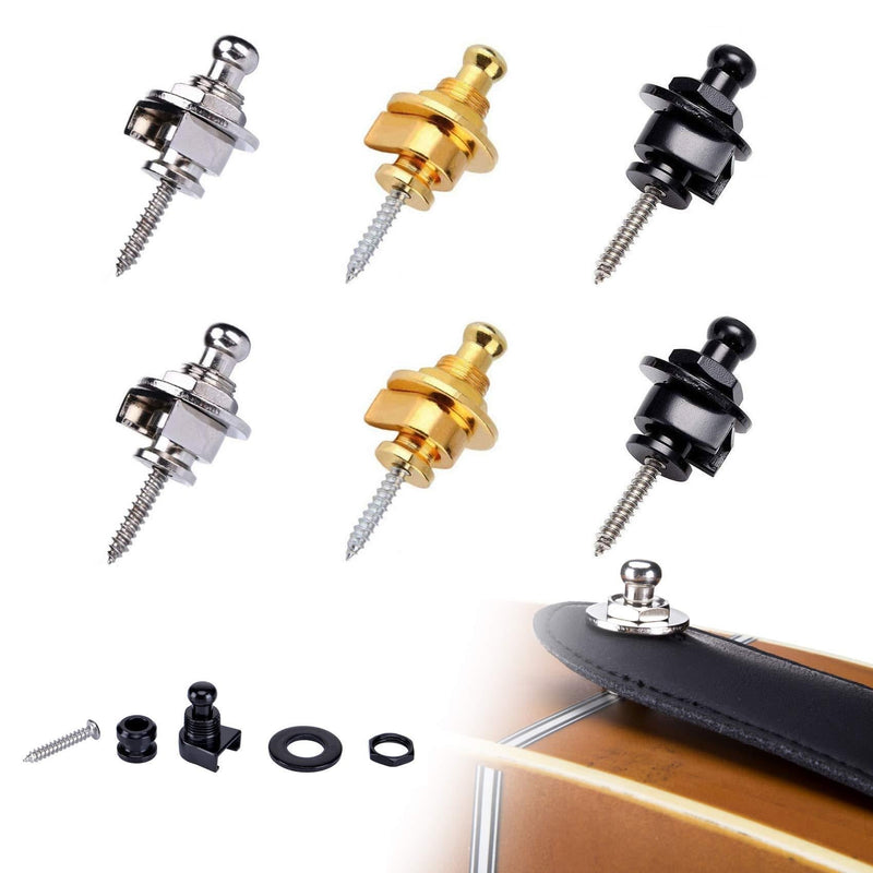Guitar Strap Locks 6 Pack Guitar Security Strap Button Lock with Retainer System Heavy Duty Metal Button for Guitar Bass (Gold Silver Black)