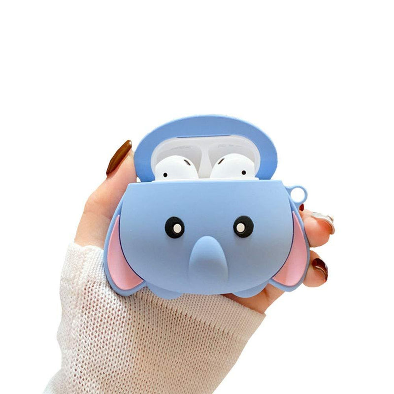 TOU-BEGUIN Wireless Charging Earphone Case, Vivid Cute 3D Blue Elephant Design Headset Skin, Soft Silicone Anti-fall Shockproof Full Body Protective Cover For Airpods Pro With Hook