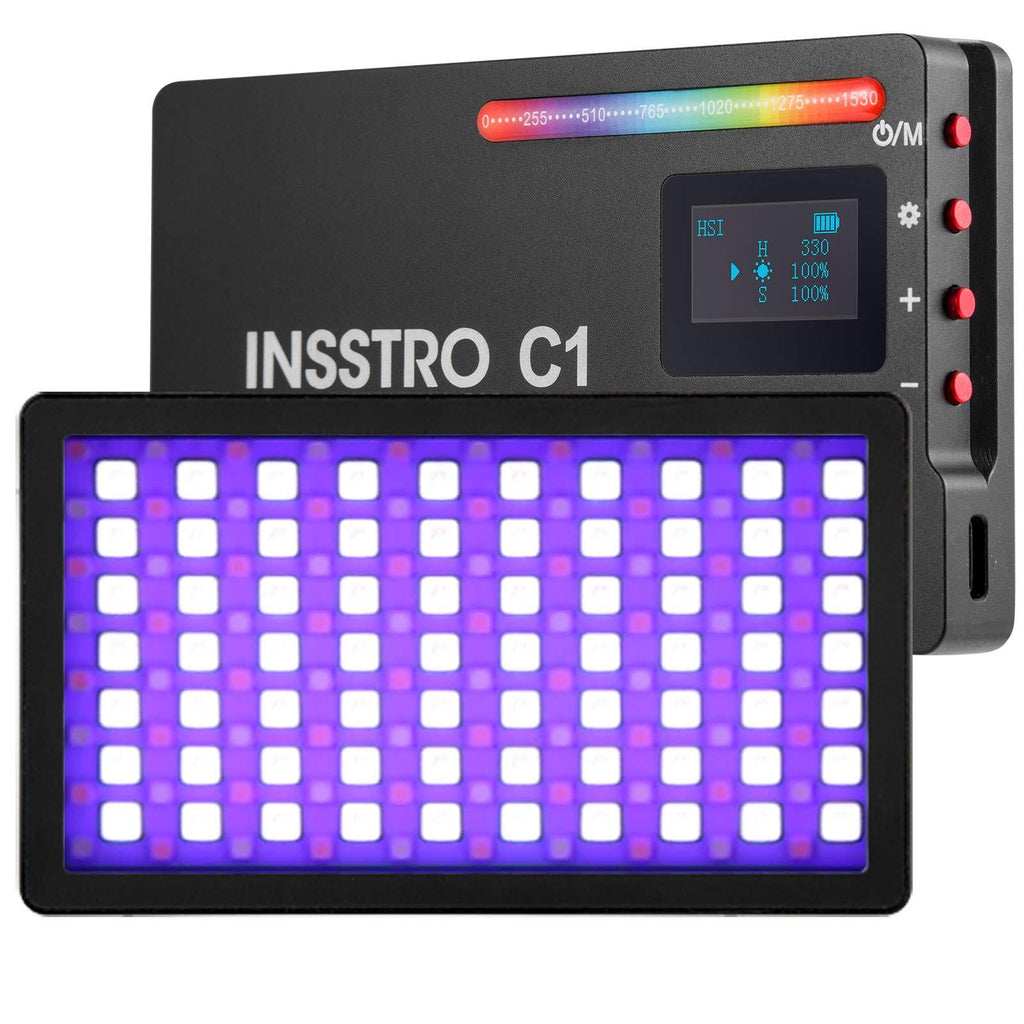 INSSTRO C1 RGB LED Video Light, Full Color RGB Light for Camera Camcorder, Rechargeable Pocket Size Video Light with 2500k-8500k Color Range, 10 Scene Simulations with Premium Aluminum Alloy Shell
