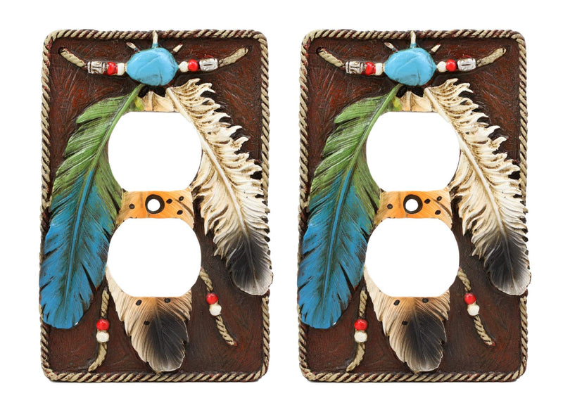 Ebros Southwestern Tribal Native American Indian 3 Feathers Turquoise Stone and Beads Dream Catcher Design Bathroom Vanity Accent Figurine Decor (Double Receptacle Outlet Plate Cover Set of 2) Double Receptacle Outlet Plate Cover Set of 2