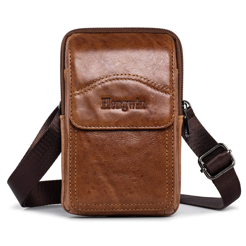 Hengwin Genuine Leather Phone Crossbody Bag Men Purse iPhone 11 Pro Max XS Max XR 8/7/6 Plus Samsung Galaxy S20+ S10+ S9+ S8+ Note 10+ 9 8 Holster Pouch Case with Belt Clip Loop Shoulder Strap (Brown) Brown