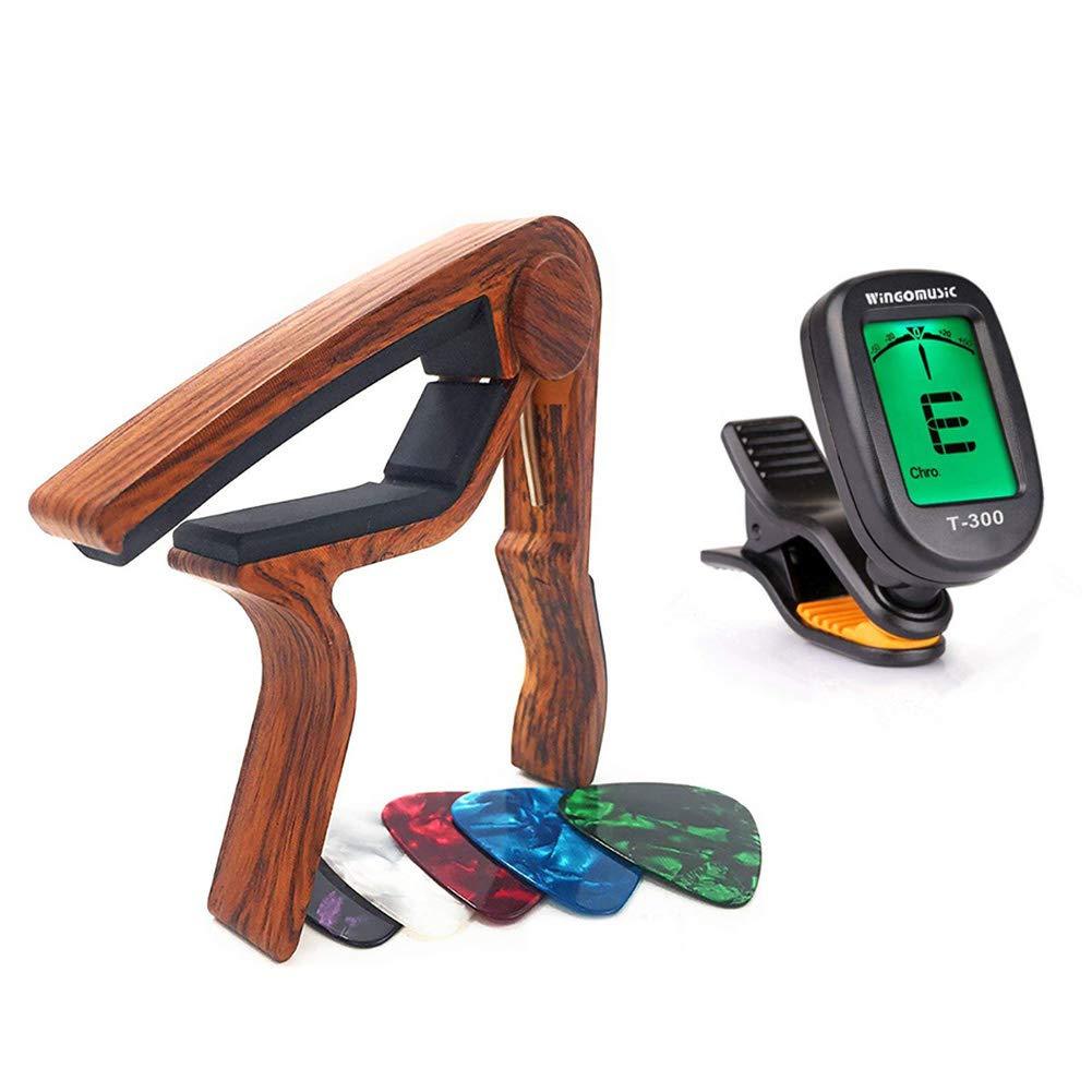 WINGO Acoustic Guitar Capo Electric Guitar Clip-on Tuner with 5 Celluloid Medium Picks-Pleasant Gift