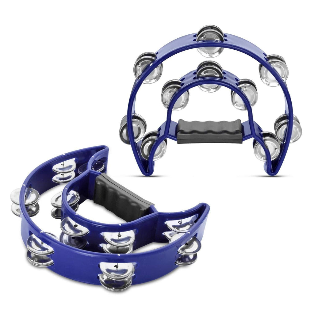 Flexzion Half Moon Musical Tambourine Set of 2 Pack (Blue) Double Row Metal Jingles Hand Held Percussion Drum for Gift KTV Party Kids Toy with Ergonomic Handle Grip 10 Inch (2 Pack) Blue