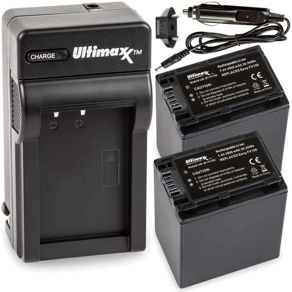 Ultimaxx Rapid Charger with 2X NP-FV100 Battery (4900mAh) for Sony DCR-SR15, SR21, SR68, SR88, SX15, SX21, SX44, SX45, SX63, SX65, SX83, SX85, FDR-AX100, HDR-CX105, CX110, CX115, CX130, CX150, CX155