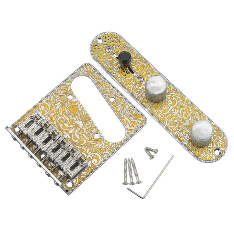 Unxuey Metal Electric Guitar 6 Strings Saddle Bridge Plate with 3 Way Switch Control Plate and intonations screws for Fender Telecaster Guitar Replacement Parts - Gold