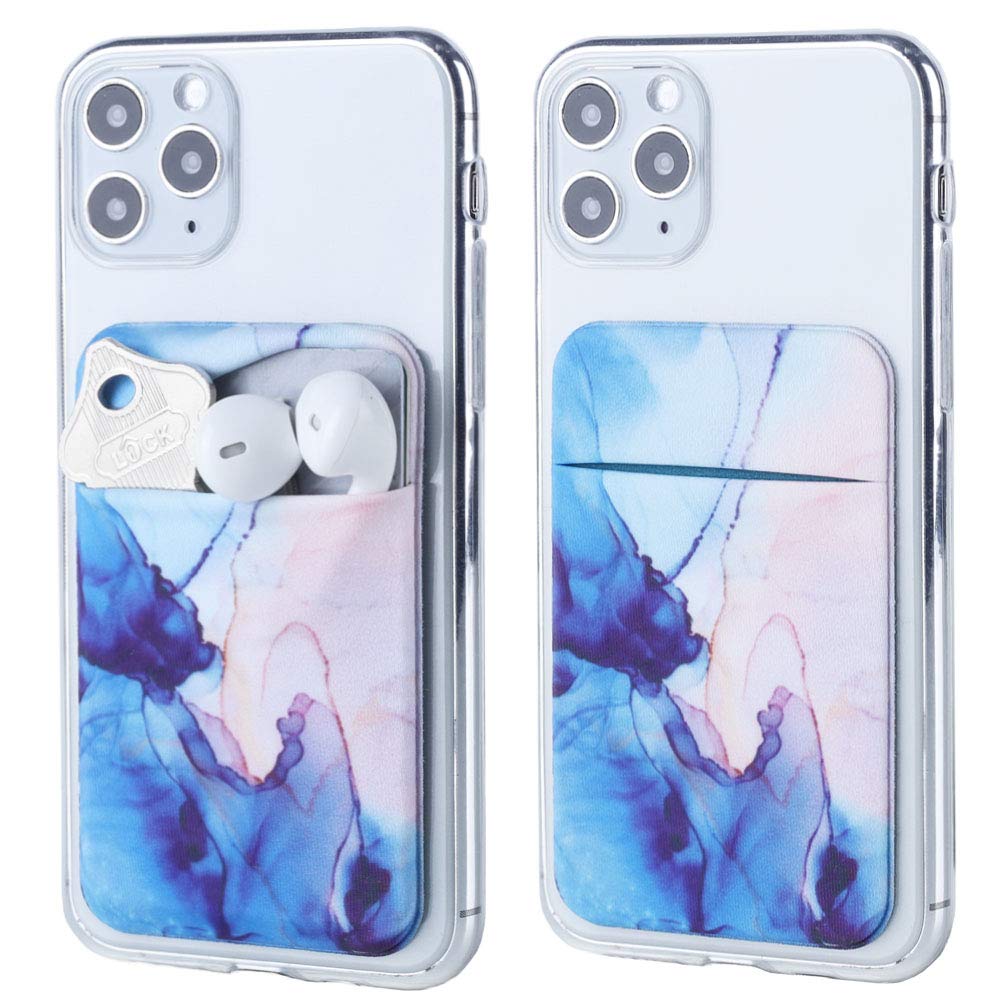 2Pack Adhesive Phone Pocket,Cell Phone Stick On Card Wallet Sleeve,Credit Cards/ID Card Holder(Double Secure) with 3M Sticker for Back of iPhone,Android and All Smartphones (Watercolor Marble Blue) Watercolor Marble Blue
