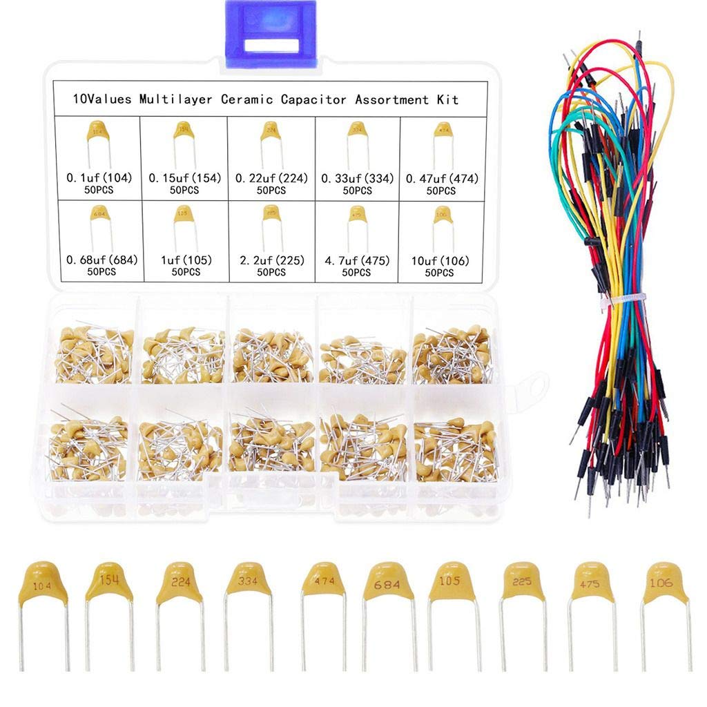 DAOKI 500PCS Multilayer Ceramic Capacitors Assortment Kit 10 Values 0.1uF-10uF for Electronic DIY with Jump Wire