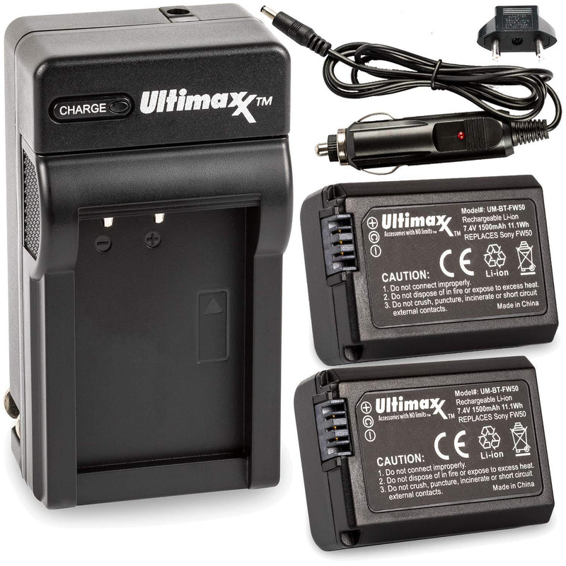 Ultimaxx Rapid Travel Charger & 2X FW50 Battery (1500mAh) for Sony A6000 A6500 A6400 A6300 A7 A7II A7SII A7S A7S2 A7R A7R2 A7RII A55 A510 RX10 RX10II