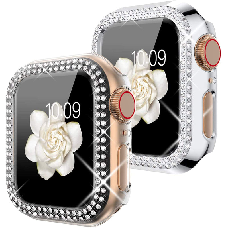 Goton Compatible for Apple Watch Case 40mm , (2 Packs) Women Girls Bling Crystal Hard Watch Face Cover Screen Frame Protector Bumper Case for iWatch SE / Series 6 / Series 5 / Series 4(Silver+Clear) Clear+Silver