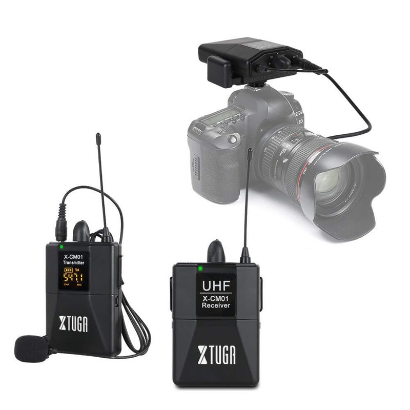 [AUSTRALIA] - XTUGA X-CM01 UHF Wireless Lavalier Microphone, UHF Lapel Mic System with 16 Selectable Channels Come with Two 3.5mm Cables up to 164ft Range for DSLR Camera/DV/Camcorders/Audio Recorder 