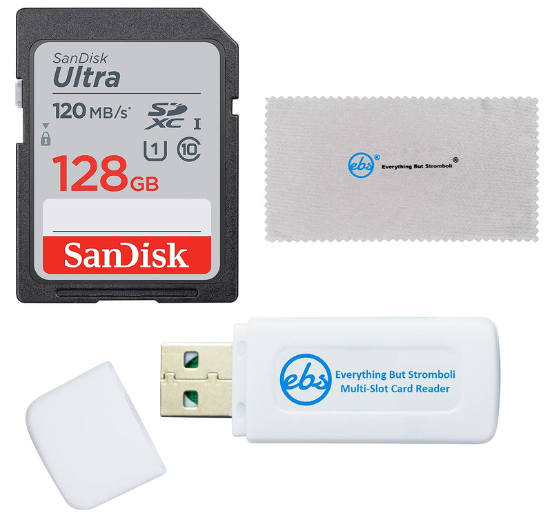 SanDisk 128GB SD Ultra Memory Card Works with Panasonic Lumix Digital Cameras (SDSDUN4-128G-GN6IN) Bundle with (1) Everything But Stromboli Card Reader & Micro Fiber Cloth