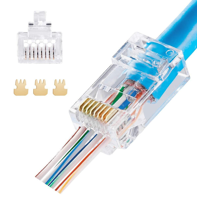 50pcs Staggered EZ CAT6 Pass Through Connectors RJ45 Connectors Fully Gold Plated 3 Prong Ethernet Ends Plug Network Cable Connectors for 24AWG CAT6 Cable (24AWG-50pcs) 50pcs CAT6 Fully Gold Plated-24AWG