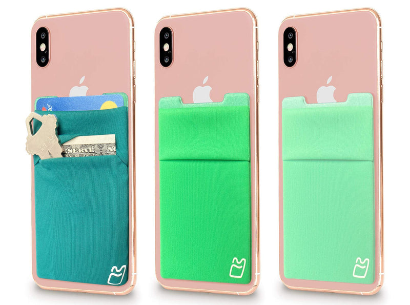 (Three) Stretchy Cell Phone Stick on Wallet Card Holder Phone Pocket for iPhone, Android and All Smartphones. (Green)