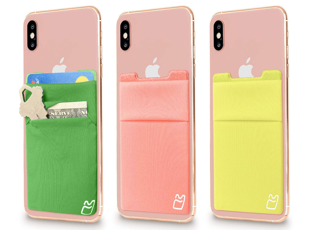 (Three) Stretchy Cell Phone Stick on Wallet Card Holder Phone Pocket for iPhone, Android and All Smartphones. (Yellow&Peach&Green Pastels)