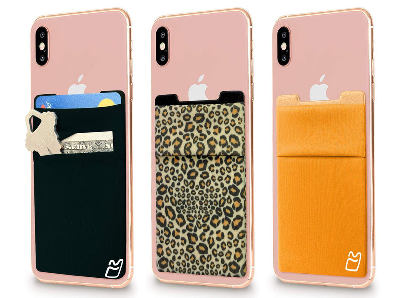 (Three) Stretchy Cell Phone Stick on Wallet Card Holder Phone Pocket for iPhone, Android and All Smartphones. (Cheetah&Orange&Black)