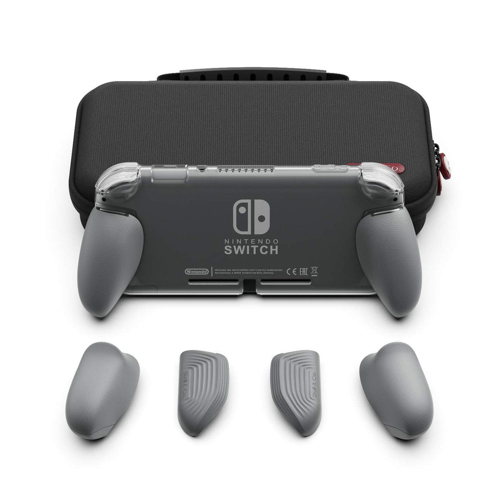 Skull & Co. GripCase Lite Bundle: A Comfortable Protective Case with Replaceable Grips [to fit All Hands Sizes] for Nintendo Switch Lite- Gray GripCase Lite + MaxCarry Case Lite Bundle Bundle-Gray