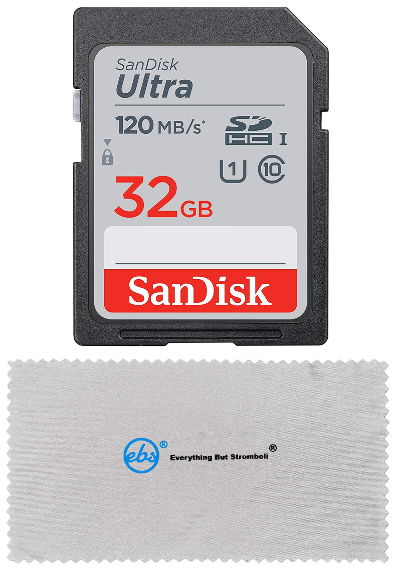 SanDisk 32GB SD Ultra Memory Card Works with Panasonic Lumix DC-LX100 II, DMC-FZ1000, DC-FZ1000 II Digital Camera (SDSDUN4-032G-GN6IN) Bundle with (1) Everything But Stromboli Micro Fiber Cloth 32GB Class 10