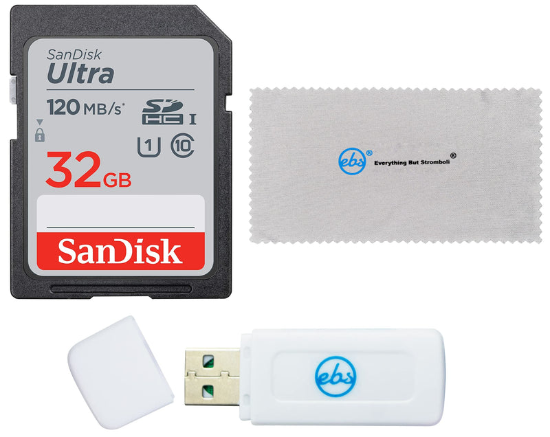 SanDisk 32GB SDHC Ultra Memory Card Works with Panasonic Lumix DMC-ZS50, ZS100, ZS60 Digital Camera (SDSDUN4-032G-GN6IN) Bundle with (1) Everything But Stromboli SD Card Reader & Micro Fiber Cloth 32GB Class 10