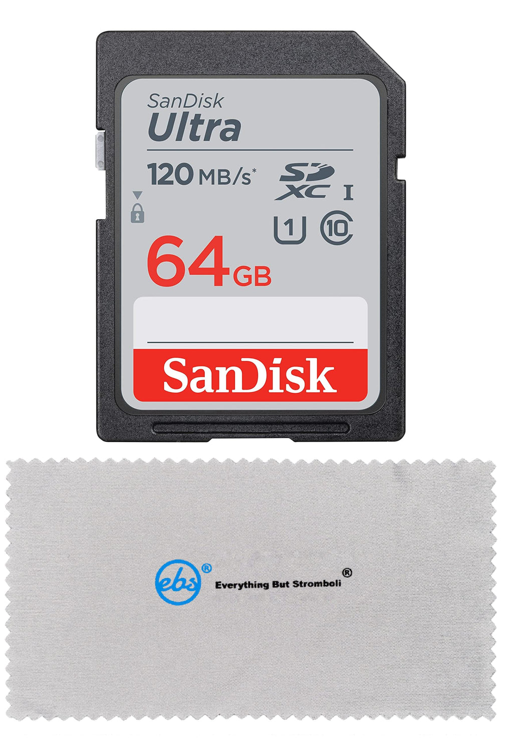 SanDisk 64GB SD Ultra Memory Card Works with Panasonic Lumix DC-LX100 II, DMC-FZ1000, DC-FZ1000 II Digital Camera (SDSDUN4-064G-GN6IN) Bundle with (1) Everything But Stromboli Micro Fiber Cloth 64GB Class 10