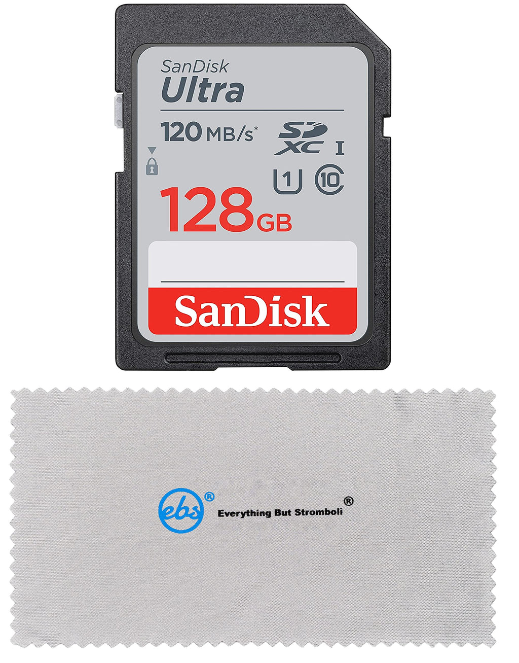 SanDisk 128GB SD Ultra Memory Card Works with Canon EOS M200, M100, M50, M5, M6 Mirrorless Camera (SDSDUN4-128G-GN6IN) Bundle with (1) Everything But Stromboli Micro Fiber Cloth Class 10 128GB