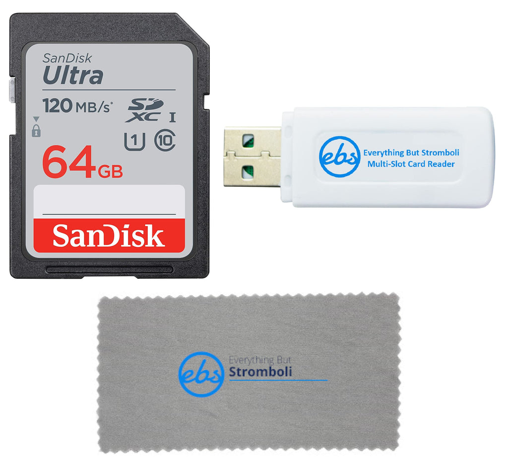 SanDisk 64GB SDXC Ultra Memory Card Works with Panasonic Lumix DMC-ZS50, ZS100, ZS60 Digital Camera (SDSDUN4-064G-GN6IN) Bundle with (1) Everything But Stromboli SD Card Reader & Micro Fiber Cloth 64GB Class 10