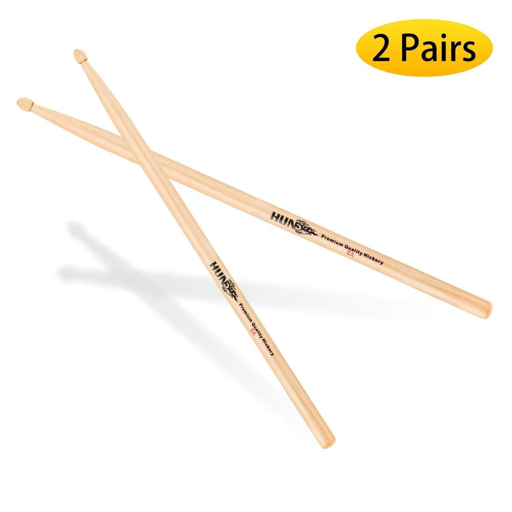 HUN Drumsticks, 5B American Hickory Drum Sticks,Teardrop Wood Tip,Snare Drum Sticks for Professional Drummers,2 Pairs 5B-2Pairs hickory Natural
