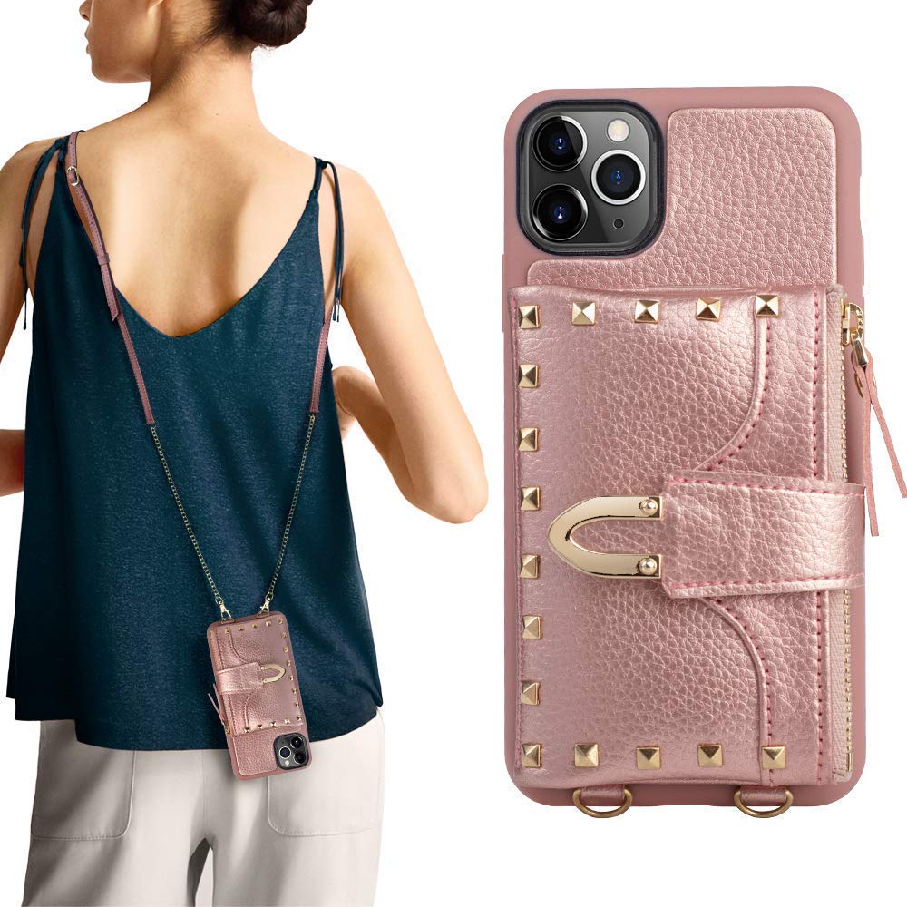 iPhone 11 Pro Max Wallet Case,ZVE iPhone 11 Pro Max Rivet Case with Credit Card Holder Slot Crossbody Case with Wrist Strap Protective Case Cover for Apple iPhone 11 Pro Max, 6.5 inch - Rose Gold