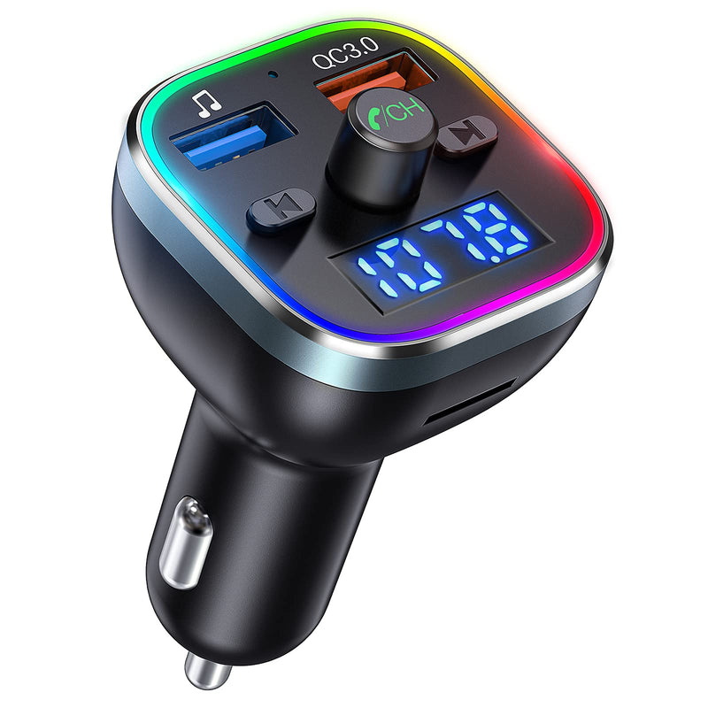 Bluetooth FM Transmitter for Car, BT 5.0 &QC3.0 Wireless Bluetooth FM Audio Adapter Music Player Car Kit with LED Backlit, Hands-Free Calling, 2 USB Ports, Hi-Fi Music, Support U Disk/TF Card