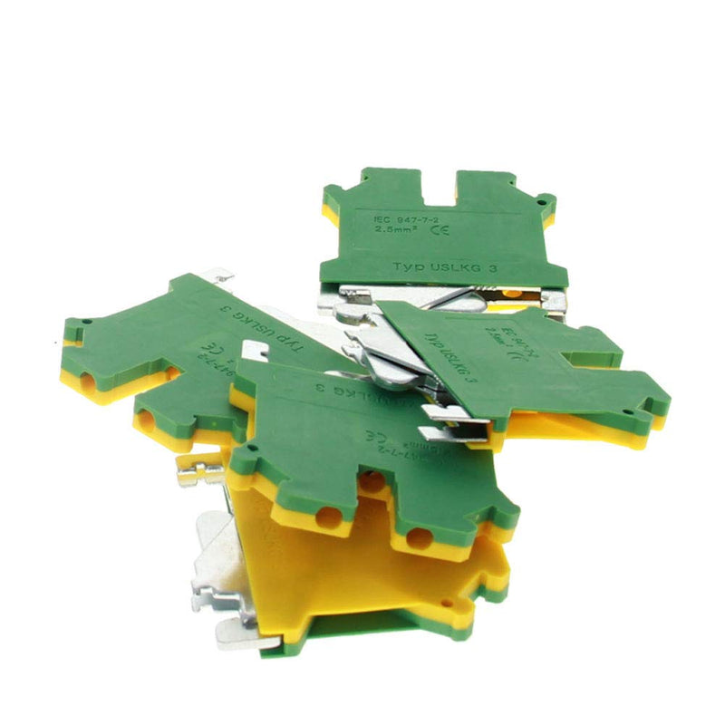 Fielect 10Pcs 0.2-2.5mm2 USLKG3 DIN Rail Mount Grounding Terminal Block DIN Rail Terminal Blocks Screw Clamp Connector DIN Rail Mount Kit, 800V 34A, Yellow-Green