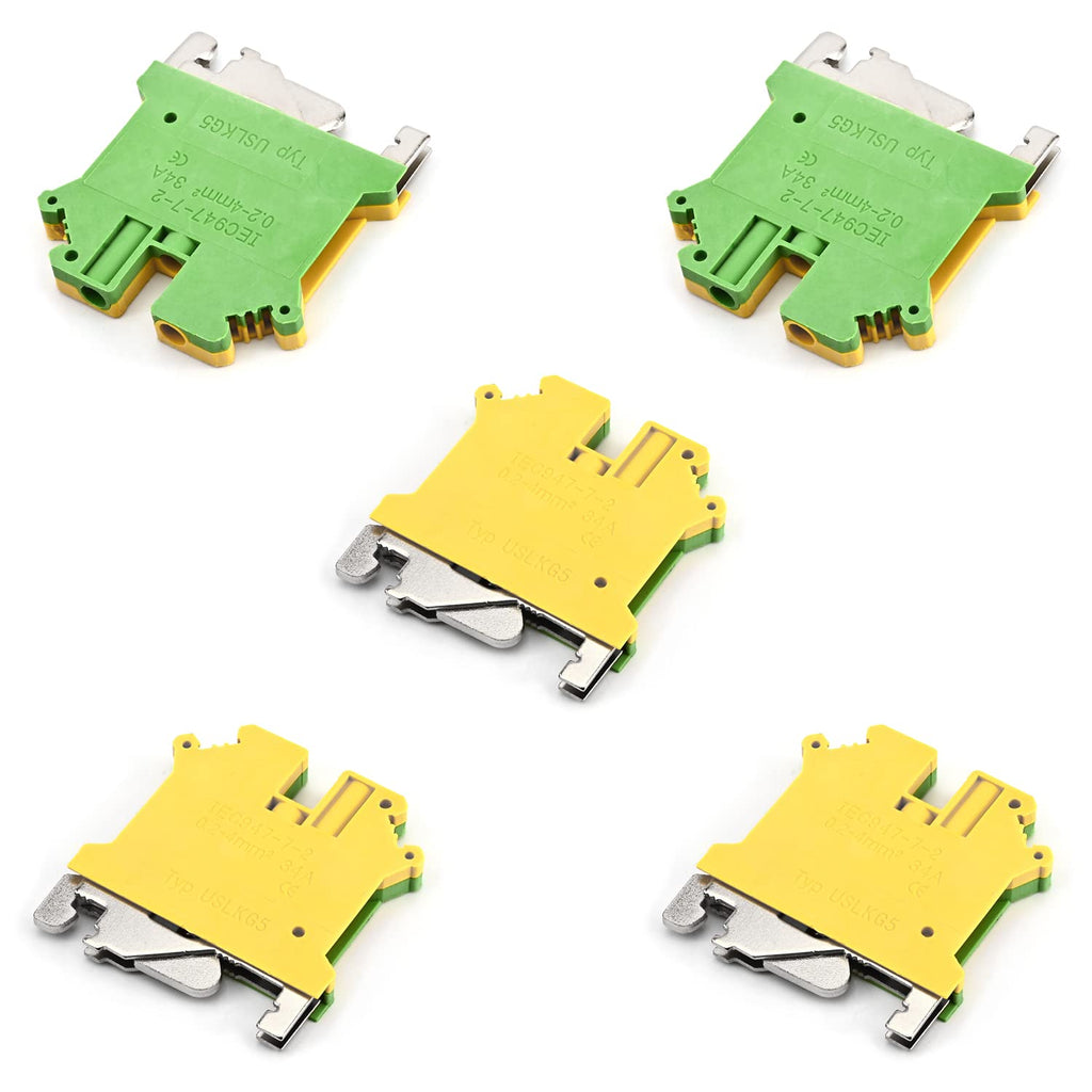 Fielect USLKG5 DIN Rail Terminal Blocks Screw Clamp Connector DIN Rail Terminal Block Kit DIN Rail Mount, 800V 34A, 0.2-4mm2, 10 Pcs, Yellow-Green