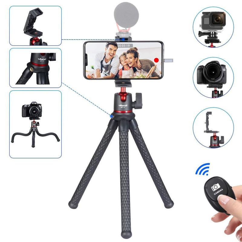 Camera Flexible Tripod, Octopus Phone Tripod with Remote Phone Clip with Cold Shoe Compatible with iPhone 11/11 Pro/11 Pro Max/XS/8 Plus, Mini Camera Vlog Tripod for Gopro Hero 8 Sony Canon Nikon DSLR MT-11
