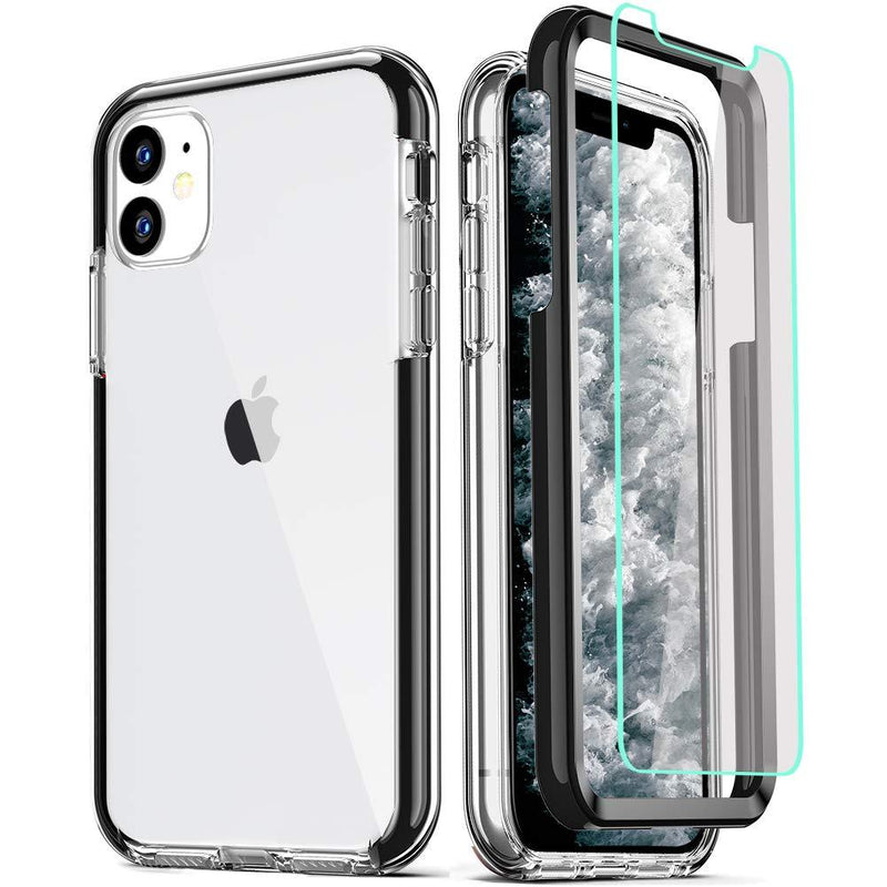 COOLQO Compatible for iPhone 11 Case, with [2 x Tempered Glass Screen Protector] Clear 360 Full Body Coverage Hard PC+Soft Silicone TPU 3in1 Heavy Duty Shockproof Defender Phone Protective Cover Black For iPhone 11 (6.1 inch)