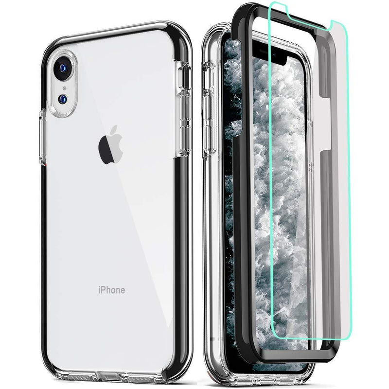 COOLQO Compatible for iPhone XR Case, with [2 x Tempered Glass Screen Protector] Clear 360 Full Body Coverage Hard PC+Soft Silicone TPU 3in1 Heavy Duty Shockproof Defender Phone Protective Cover Black For iPhone XR (6.1 inch)