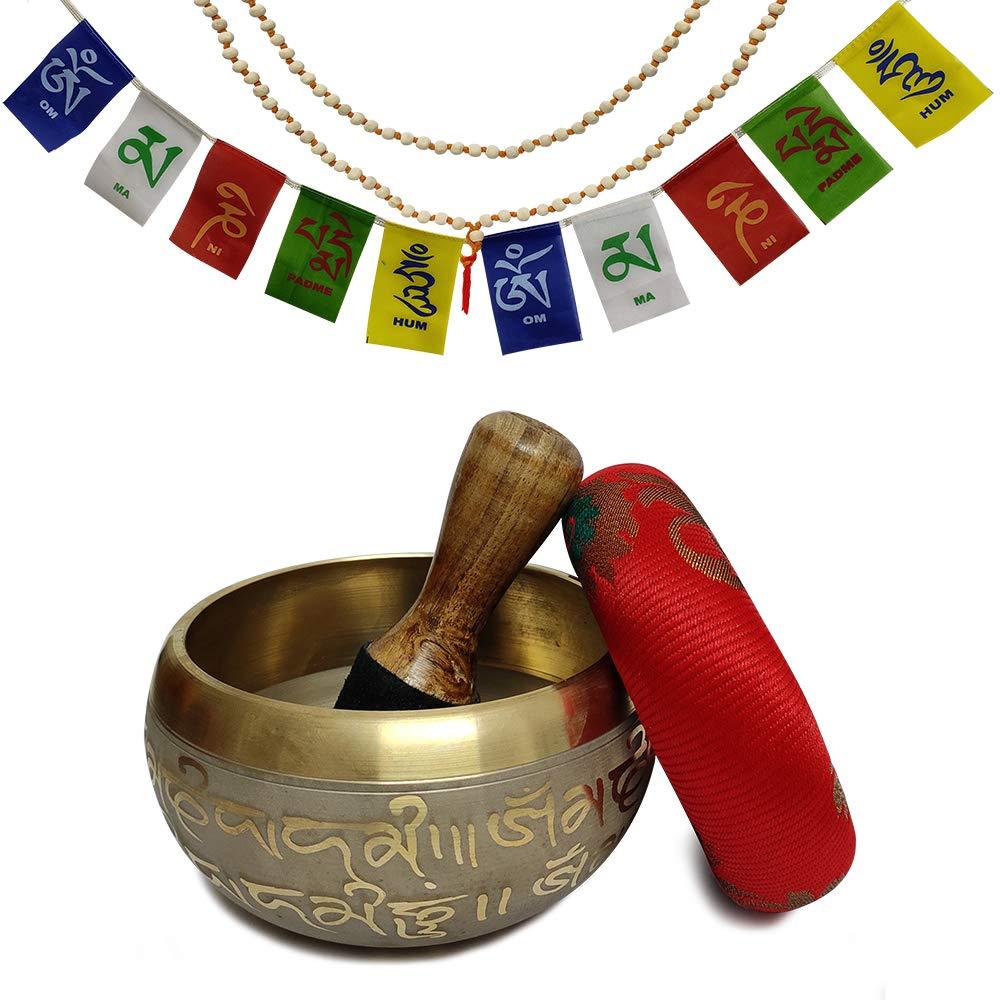 Hand Crafted Tibetan 4 Inch Mantra Singing Bowl Set By Trumiri - Helpful for Meditation Chakra Healing Relaxation Peace Mindfulness with Premium Tulsi Beads, Flag, Mallet, Cushion & Potli (Bag)