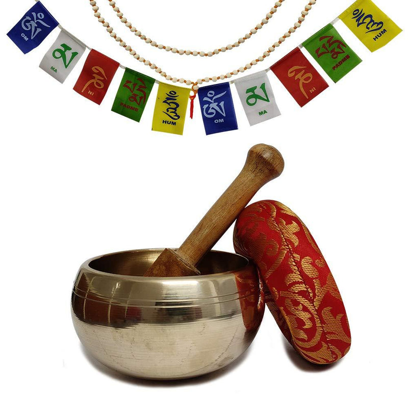 Hand Crafted Tibetan 4 Inch Singing Bowl Set By Trumiri - Helpful for Meditation Chakra Healing Relaxation Peace Mindfulness with Premium Tulsi Beads, Flag, Mallet, Cushion & Potli (Bag)