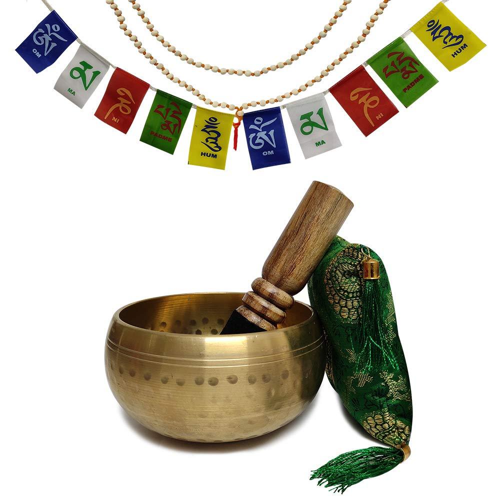 Hand Crafted Tibetan 4 Inch Hammered Singing Bowl Set By Trumiri - Helpful for Meditation Chakra Healing Relaxation Peace Mindfulness with Premium Tulsi Beads, Flag, Mallet, Cushion & Potli (Bag)