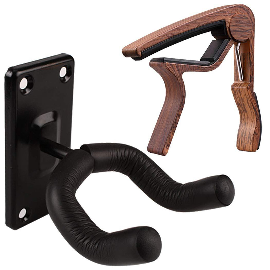 Guitar Wall Mount Guitar Hanger Black hook and Guitar Capo Rosewood Capo for Acoustic Electric Bass Guitar Ukulele