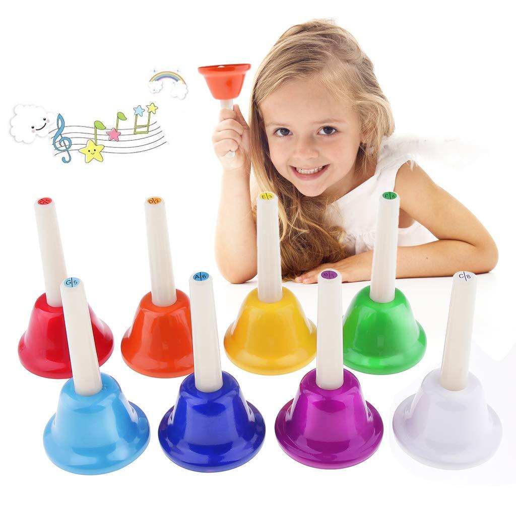 Alnicov Music Hand Bell Rhythm Band Kids Play Hand Bells, 8 Sound, 8 Color Musical Bell for Kids, Senior, Teacher, Desk Bell Metal Hand Bells Set (one set of 8 notes)