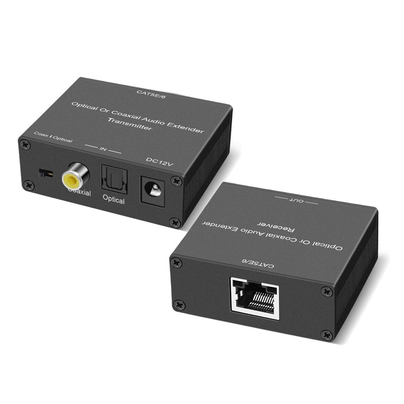 Digital Audio Extender Digital Optical/Coaxial Digital Audio Extender/Converter Over Single Cat5e/6 Cable (PoC) up to 500’ Standard Supported for LPCM, DD5.1, DTS, and D True HD