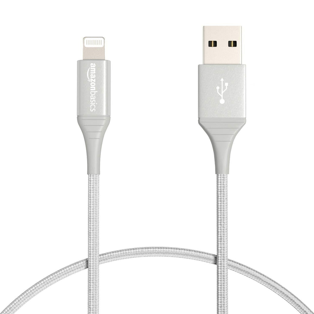 Amazon Basics Nylon USB-A to Lightning Cable Cord, MFi Certified Charger for Apple iPhone, iPad, 10,000 Bend Lifespan - Silver, 1-Ft 1 Foot 1-Pack