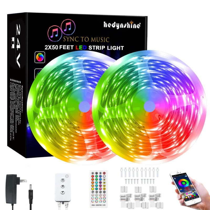 100Ft Smart LED Strip Lights Bluetooth, Hedynshine Dimmable Color Changing by 40Key Remote Controller Ultra Long Strip Lights, Sync to Music Light Strips 100feet 100ft