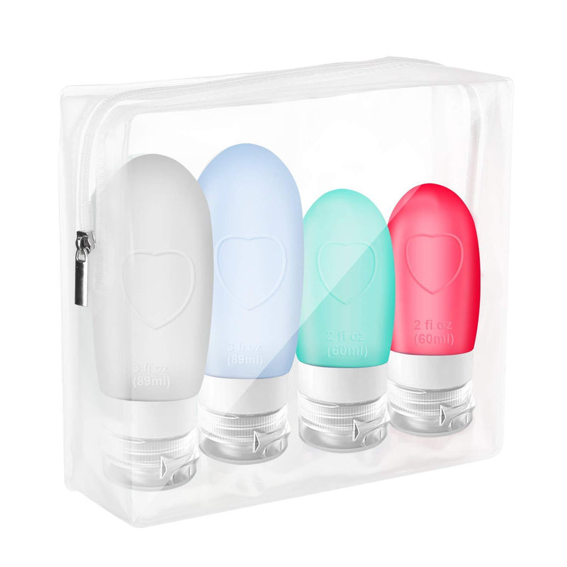 Travel Bottles Set TSA Approved, Reusable Leak Proof Silicone Travel Size Toiletries Containers, Portable Squeezable Refillable 3oz and 2oz Travel Accessories For Cosmetics,Shampoo, Liquids. (4 Pack) Set 1